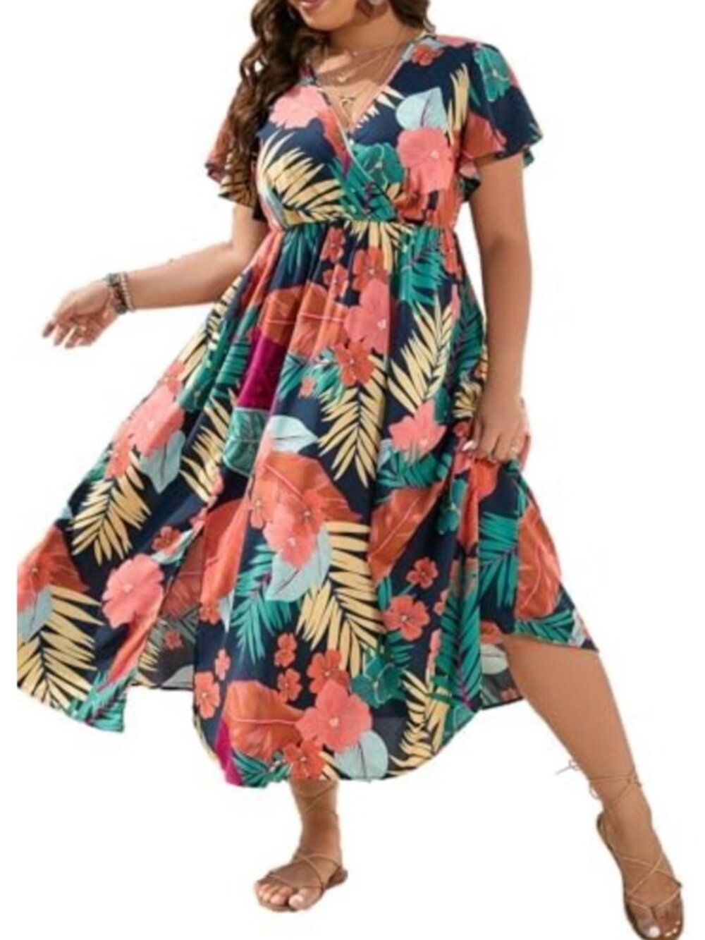 Tropical Floral Print Flutter Sleeve Empire Waist Maxi Dress Slit Size 2XL Plus